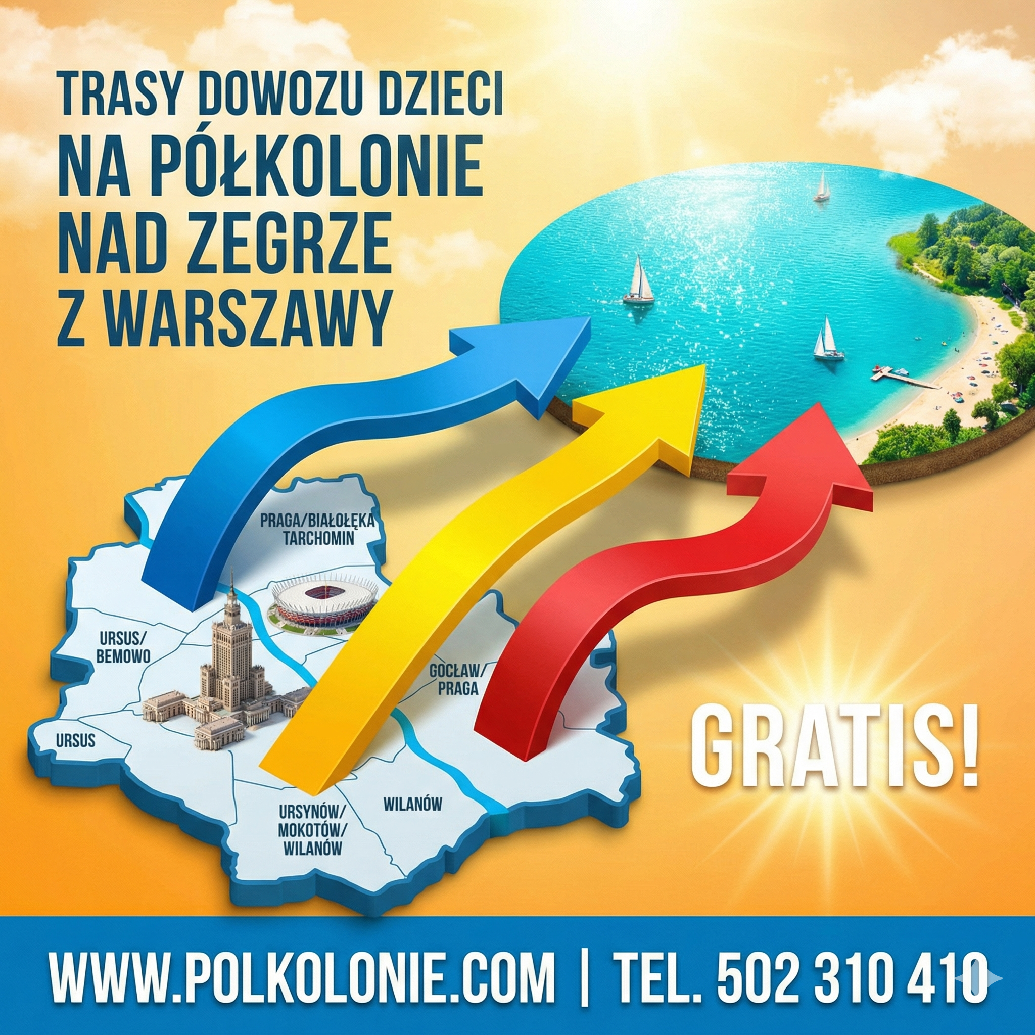Mapa Warszawy z trasami transportu na półkolonie nad Zegrzem